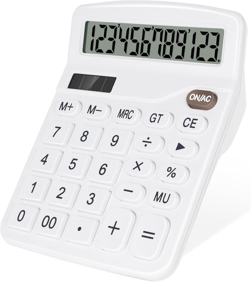 HUTUDD Desktop Calculator, White Calculator Big Buttons, 12-Digits Large LCD Display, Solar and AA Battery Dual Power, Desk Calculators for Office Home School Business Class (White) - Image 1